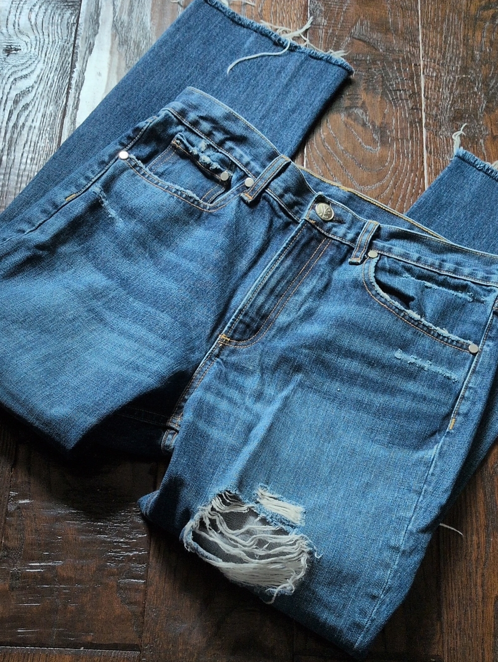 RAG & BONE I High Rise Straight Leg Ankle Length Distressed Raw Hem Jeans, 29